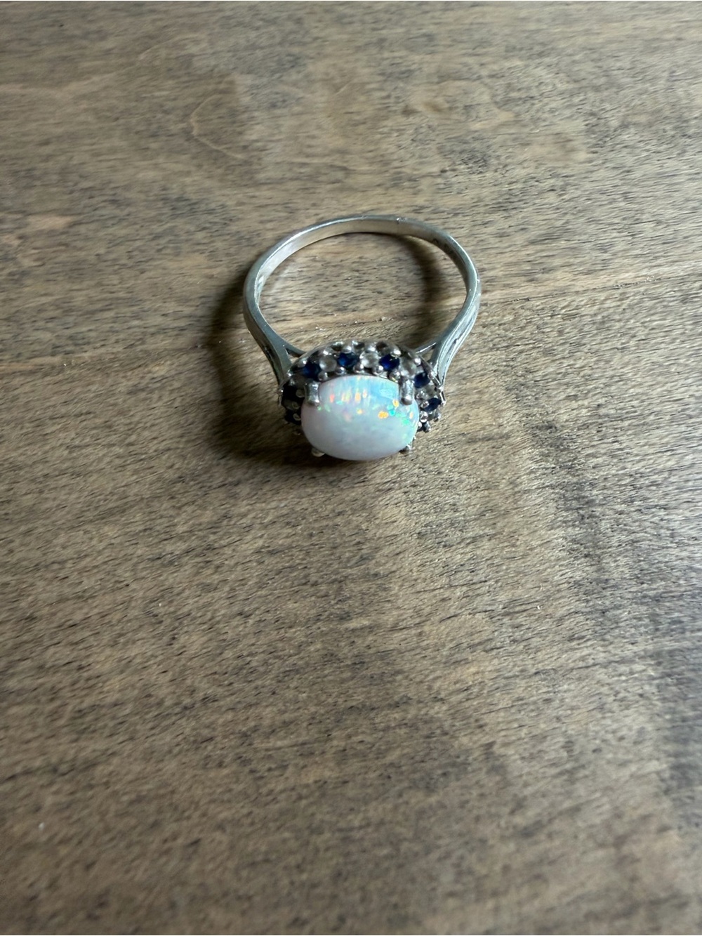 Sterling Opal Halo Ring with Blue Sapphire Accents - White Opal sz 10.5 - Picture 2 of 7